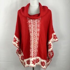 Black Rivet Eyelash Snow Flake Red & White Knit Winter Sweater Poncho Size L/XL